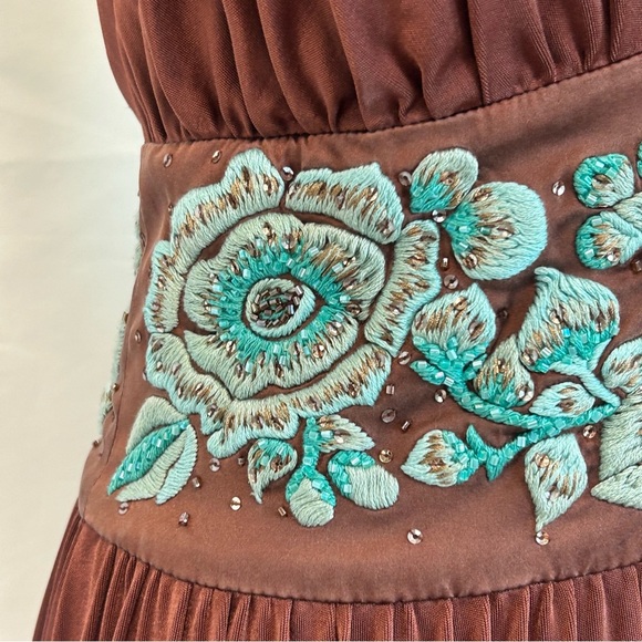 BCBGMAXAZRIA bronze brown teal embroidered beaded flower halter dress - Picture 9 of 16
